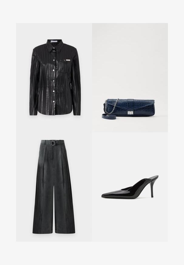 Chemise noire brillante avec texture à côtes verticales, manches longues, col pointu, fermeture à boutons sur le devant et petite poche poitrine.; Pantalons à jambes larges gris foncé, avec une texture lisse, des plis et une ceinture avec une boucle en métal argenté à la taille haute.; Mule en cuir verni noir à talon haut avec un bout pointu et une silhouette épurée, doté d'un dos ouvert et d'un talon aigu slender.; Pochette en cuir bleu marine avec une texture crocodile, une chaîne en argent et un fermoir métallique. De forme rectangulaire avec un design rabat.