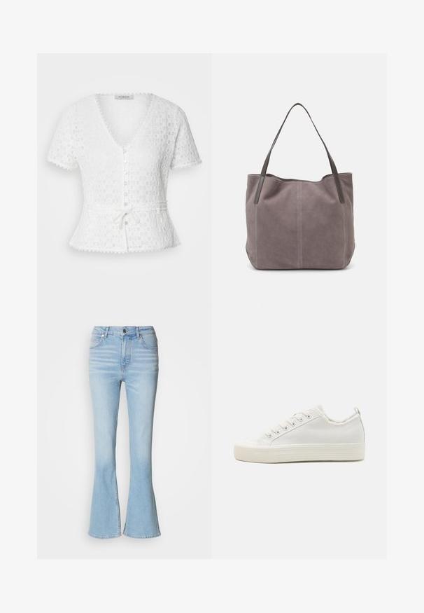 Blusa bianca a maniche corte con scollatura a V, motivo floreale testurizzato, chiusura con bottoni frontale e cintura annodata in vita. Presenta bordi ondulati.; Jeans a zampa d'elefante blu chiaro in denim con vita alta, caratterizzati da un leggero sbiadimento e una chiusura con zip standard.; Sneakers bianchi in tela con tomaia testurizzata, punta rotonda, suola piatta e lacci frontali. Presentano un colletto leggermente sfilacciato e una linguetta di pull.; Borsa a tracolla in suede grigio con due manici in pelle scura. Presenta dettagli cuciti sui lati, una texture morbida e un'apertura spaziosa.; Quattro anelli in argento con disegni diversi: banda attorcigliata, curve sovrapposte, cristalli delicati e una banda liscia con piccoli dettagli.