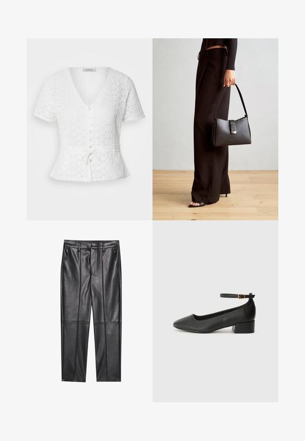 Weiße Bluse mit kurzen Ärmeln, V-Ausschnitt, strukturiertem Blumenmuster, Knopfleiste und gebundenem Taillengürtel. Verfügt über ausgeschnittene Kanten.; Schwarze Lederhosen mit glatter Textur, gerader Passform, zwei Fronttaschen und sichtbaren Nahtdetails.; Schwarze Lederpumps mit spitzem Zehenbereich und niedrigem Blockabsatz. Mit einem Knöchelriemen und einer goldfarbenen Schnalle. Glatte Textur.; Schwarze Handtasche mit strukturierter Form, glatter Textur und einem metallischen Verschluss. Kombiniert mit weiten schwarzen Hosen und offenen Sandalen auf einem Holzboden.