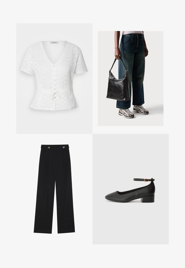 Witte blouse met korte mouwen en V-hals, met een textuur van bloemenpatroon, knoopsluiting en een gestrikte tailleband. Heeft gegolfde randen.; Zwarte wijde broek met hoge taille, knoopdetails op de tailleband en plooien aan de voorkant.; Zwarte leren pump met een spitse neus en een lage blokhak. Beschikt over een enkelband met een goudkleurige gespsluiting. Gladde textuur.; Zwarte leren schoudertas met een gladde textuur en een verstelbare strap, gecombineerd met vervaagde wijde jeans en sportieve sneakers.