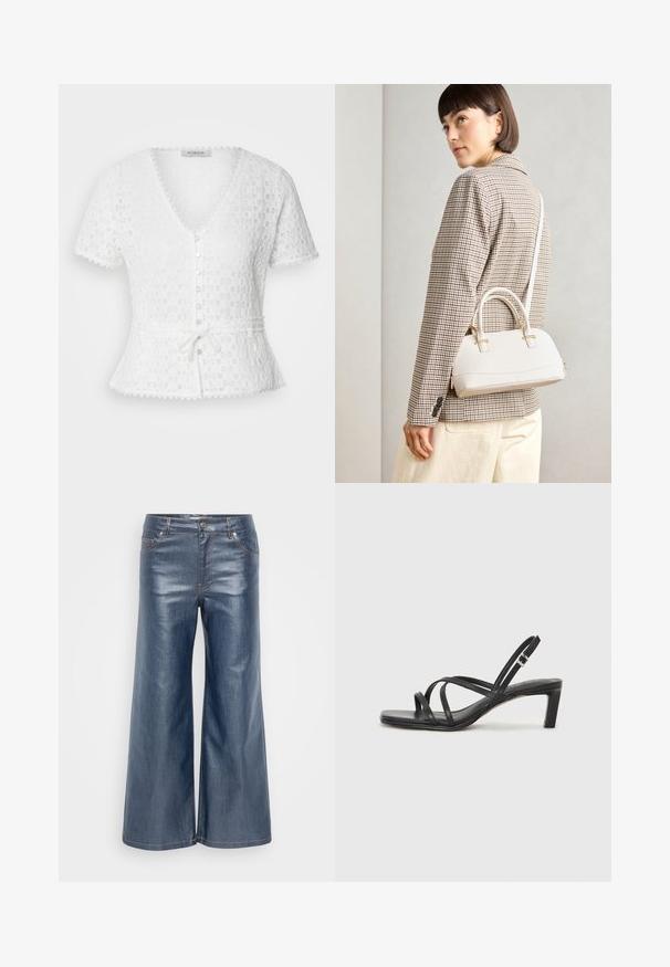 Valge, lühikeste varrukatega pluus, millel on V-kaelus, tekstuuriga lillemuster, nööbid ees ja seotud vöökoht. Omab lõigatud servi.; Tumedateed denim püksid tumedas sinises, mis omavad siledat tekstuuri, viie tasku disaini ja kontrastset õmblust. Esiküljel nupuga ja lukuga sulgemine.; Mustast rihmajalatsid ruudukujulise varba ja madala ploki kontsaga. Omab mitmeid õhukesi rihmasid ja reguleeritavat pahkluu rihma. Valmistatud siledast nahast.; Valge struktureeritud käekott lühikeste käepidemete ja õlavööga, millel on kuldse riistvara aktsendid ja tekstuuriga materjal, eksponeeritud halli taustal.