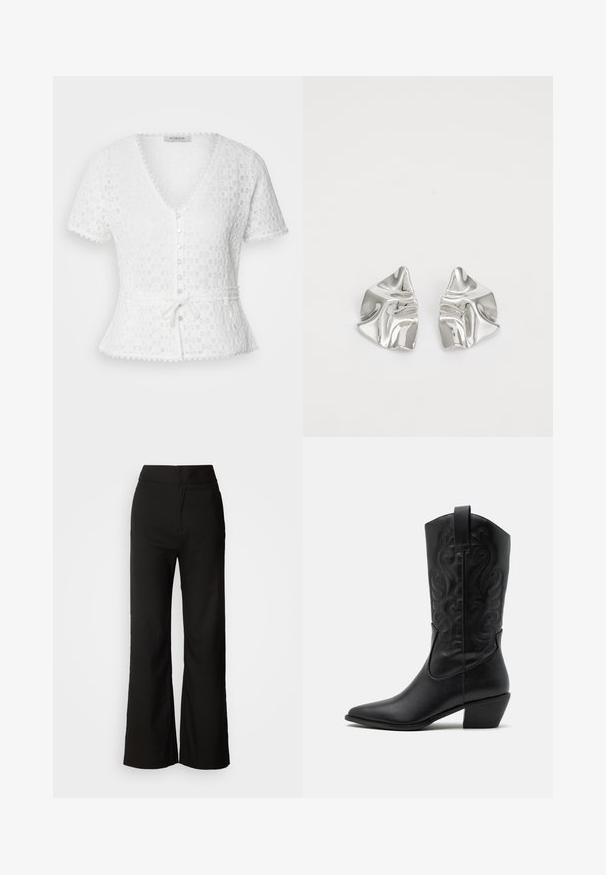 Blusa bianca a maniche corte con scollatura a V, motivo floreale testurizzato, chiusura con bottoni frontale e cintura annodata in vita. Presenta bordi ondulati.; Pantaloni neri a gamba larga con texture liscia, vita alta e design semplice. Nessuna tasca visibile o decorazioni.; Stivale da cowboy in pelle nera con punta affusolata, motivi ondulati in rilievo e tacco di altezza media. Dotato di un pratico passante per indossarlo facilmente.; Orecchini in metallo argento con un design ondulato e scultoreo, caratterizzati da una finitura lucida e forme irregolari, che evidenziano un'estetica contemporanea.