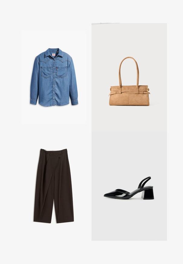 Long-sleeve blue denim shirt with snap buttons, two chest pockets, and pointed collar, laid flat on white background.; Dark brown wide-leg trousers with a high waist, featuring a single button closure and a pleated front. Made from lightweight fabric.; Black patent leather slingback heels with a pointed toe and a geometric block heel. Features a sleek, minimal design and smooth texture.; Tan suede handbag with two long handles, rectangular shape, and decorative stitching. Features a side strap and subtle gold hardware accents.