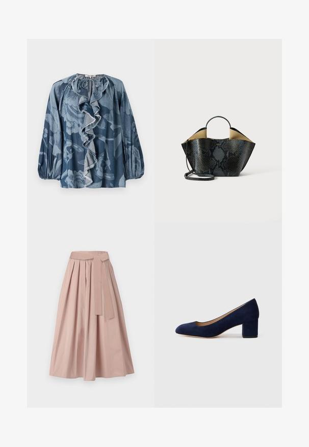 Sinine lillemusteriga pluus, millel on ruffles kaeluse detail, pikad varrukad ja tekstuuriga kangas. Kujunduses on erinevad sinised varjundid ja peened mustrid.; Roosa midi seelik, mis on valmistatud struktuurist kangast, koos plekkide, seotud vööga ja A-silingu silueti. Sile tekstuur, ilma nähtavate mustriteta.; Tumesinise sametist kõrge kontsaga king, millel on terav nina ja keskmise kõrgusega plokk-konts. Sile tekstuur kerge sädelusega ja ees väike lõige.; Must mustriga mustrist külgedega musta ja halli värvi nahk, millel on struktureeritud disain, kahekordsed käepidemed ja reguleeritav õlarihm. Omab beeži sisemust.