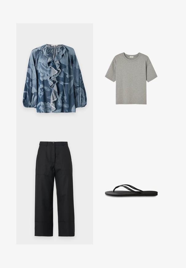 Modrá květinová blůza s volánkovým detailním výstřihem, dlouhými rukávy a texturovanou tkaninou. Design zahrnuje různé odstíny modré a jemné vzory.; Šedé tričko s krátkým rukávem vyrobené z měkké bavlny, s kulatým výstřihem a volným střihem, bez výrazných vzorů nebo detailů.; Černé kalhoty s širokými nohavicemi vyrobené z hladké látky. Obsahují zapínání na knoflík, přední kapsy a čisté linie. Lem je mírně rozšířený.; Černé žabky s texturovanou gumovou podrážkou, dvěma štíhlými popruhy a jemným, embosovaným logem na popruhu.