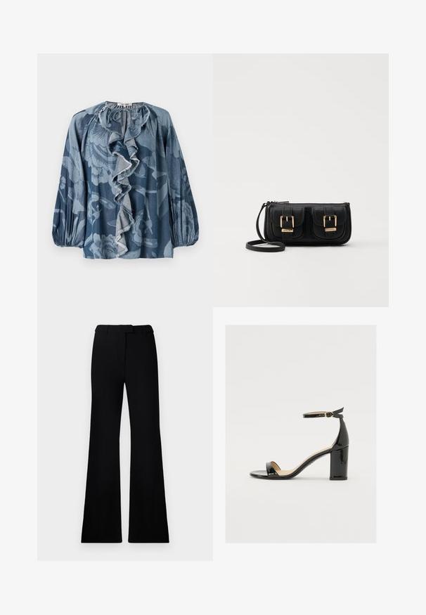 Blaue Bluse mit floralem Muster, Rüschendetail am Hals, langen Ärmeln und strukturiertem Stoff. Das Design umfasst verschiedene Blautöne und subtile Muster.; Schwarze ausgestellte Hose mit einer glatten Textur, tailliertem Bund und Fronttaschen, entworfen mit einer eleganten, modernen Silhouette.; Schwarze Lackleder-Sandalette mit weitem Absatz, offener Zehenpartie und Knöchelriemen mit goldener Schnalle. Glatte Textur und elegantes Design.; Schwarze Leder-Umhängetasche mit zwei vorderen Taschen, goldenen Schnallen, Reißverschluss und einem schmalen Tragegurt. Texturierte Oberfläche und kompakte rechteckige Form.