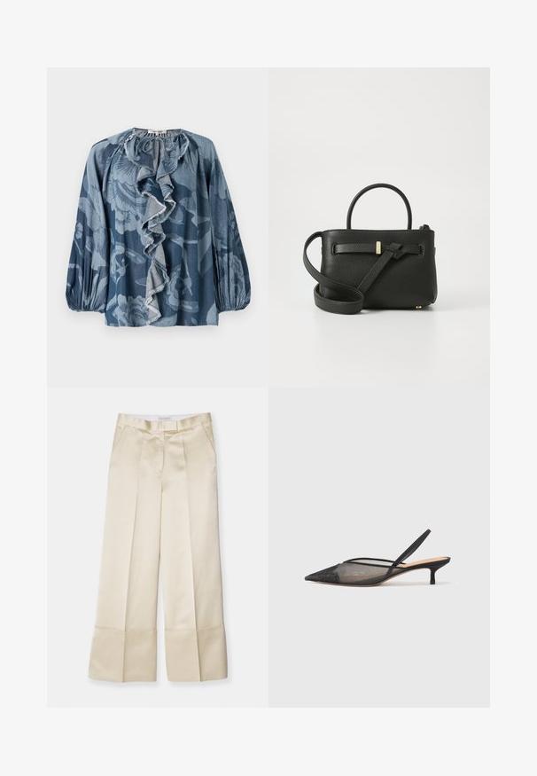 Modrá květinová blůza s volánkovým detailním výstřihem, dlouhými rukávy a texturovanou tkaninou. Design zahrnuje různé odstíny modré a jemné vzory.; Bežové široké kalhoty z hladké látky s vysokým pasem, skladaným předním dílem a ohnutým lemem, které mají boční kapsy a čistý vzhled.; NEOUS IRENA - Klasické lodičky - black; Černá kožená kabelka s texturovaným povrchem, s horními uchy a dlouhým nastavitelným popruhem. Na přední straně je zdobena zlatými kovovými akcenty.