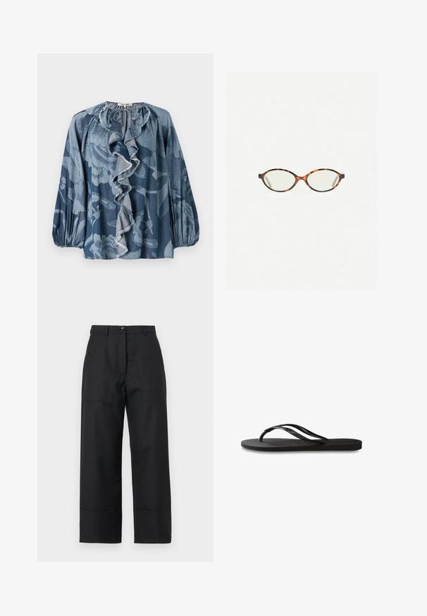 Blauwe bloes met bloemenmotief, voorzien van een gerimpelde hals, lange mouwen en een textuurstof. Het ontwerp bevat verschillende tinten blauw en subtiele patronen.; Zwarte wijde broek van gladde stof. Beschikt over een knoopsluiting, voorzakken en strakke lijnen. De zoom is lichtelijk uitlopend.; Zwarte flip-flop met een gestructureerde rubberen zool, twee slanke banden en een subtiele, ingedrukte logo-detail op de band.; Kattenoogbril met ovale lenzen en een strakke, gladde afwerking. Heeft dunne zijkanten met een subtiele kromming bij de slapen. Transparante lenzen.