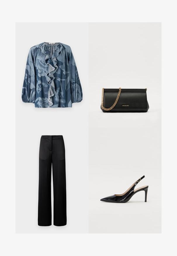 Zila ziedu blūze ar viļņotu apkakles detaļu, garām piedurknēm un strukturētu audumu. Dizains ietver dažādus zilo toņus un smalkus rakstus.; Platas kājas melnas bikses ar teksturētu virsmu, ar plakanu jostu un divām sānu kabatām. Audums izskatās viegls un plūstošs.; Melnas lakotās ādas slingback kurpes ar izteiktu degunu, šauru papēdi un smalku izgriezumu dizainu. Siksniņai ir zelta sprādze.; Melns ādas apliecības soma ar zelta ķēdes siksnu, ar gludu tekstūru, taisnstūra formu un izspiestu zīmolu uz priekšpuses.