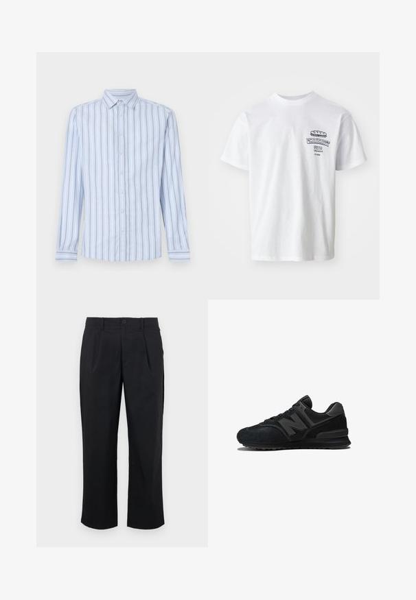 Camisa de manga larga azul claro con rayas verticales en blanco y marino, cuello de botón y cierre frontal con botones. Textura de tela fresca.; Camiseta de algodón blanca con mangas cortas, cuello redondo y un estampado gráfico que presenta el texto "Carhartt WIP" y una ilustración de comida en el pecho.; Pantalones negros de corte recto, con pliegues en la parte delantera, cierre de botón y textura de tela suave.; Zapatilla negra con parte superior de ante y malla, suela gruesa y el prominente logo 'N' en el lateral. Diseño texturizado con cierre de cordones.