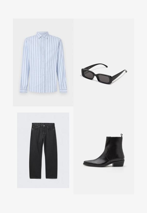 Gaiši zila garenām piedurknēm krekls ar baltām un tumši ziliem vertikāliem svītrām, ar pogām aizdaru un pogu lejasdaļā. Asu auduma tekstūra.; Melni džinsi ar taisno kāju griezumu, ar pogu aizdari, piecām kabatām un vara tonī veidotiem aksesuāriem. Gluda tekstūra.; Zign LEATHER - Kovboju/motociklistu tipa puszābaki - black; Melnas taisnstūrveida saulesbrilles ar tumšiem stikliem, spīdīga apdare, platas kājas un masīvs rāmja dizains. Uz vienas kājas ir iegravēts zīmola nosaukums.