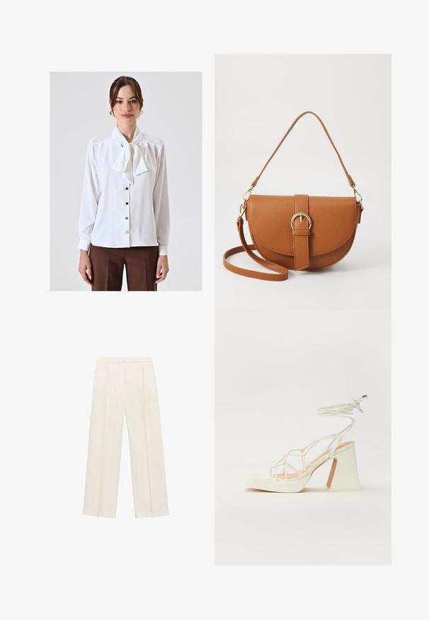 White blouse with a bow tie collar, long sleeves, button-front closure, and subtle sheen. Features light-colored buttons and smooth fabric texture.; Wide-legged trousers in a light cream color. Made from a smooth fabric with pleats at the front and side pockets.; White high-heeled sandal with a chunky heel, featuring a strappy design and ankle tie. Smooth texture with a platform front for added height.; Brown leather crossbody bag with a curved shape, gold hardware, and a buckle accent. Features a detachable shoulder strap.