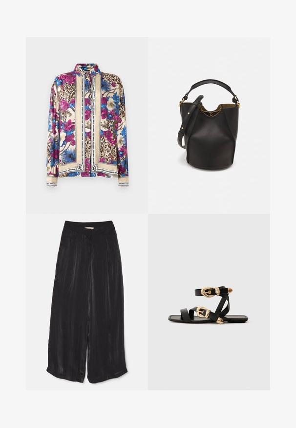Košeľa na gombíky s dlhými rukávmi s leopardím, kvetinovým a modrým palmovým vzorom, a béžovými panelmi orámovanými vertikálnymi pruhmi s textom "Just Cavalli".; Čierne široké nohavice vyrobené z hladkého saténového materiálu, s vysokým pásom, prednými záhybmi a skrátenou dĺžkou so bočnými rozparkami.; Čierne kožené sandále so zlatými prackami, s viacerými pásikmi a plochou podrážkou pre otvorené nosenie.; Čierna kožená vedro taška s textúrovaným povrchom, zlatými kovovými detailami a otvoreným vrcholom. Obsahuje krátku rukoväť a nastaviteľný ramenný popruh.