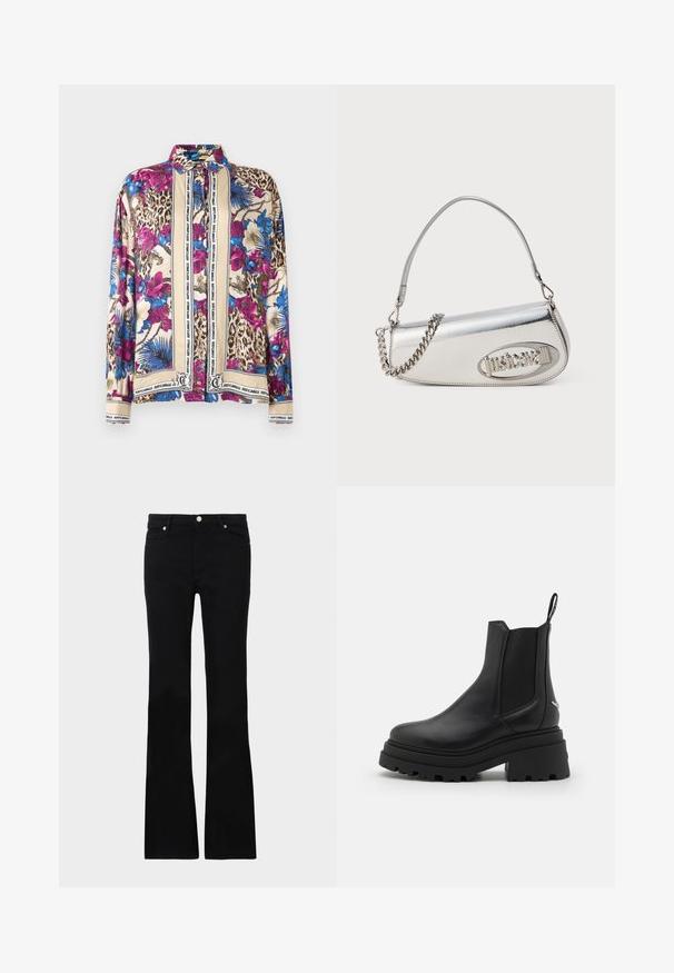 Ilga rankovėmis mygtukų marškiniai su leopardų, gėlių, mėlynos palmių spausdiniu ir smėliniais skyreliais, rėminiais vertikaliomis "Just Cavalli" teksto juostelėmis.; Juodi plačios kojų džinsai, pagaminti iš denimo, turintys dvi priekinės kišenes, užsegimą su mygtuku ir lygią tekstūrą. Išsiuvinėjimas matomas siūlėse.; Juodi Chelsea batai, pagaminti iš lygaus odos, su elastingais šonų paneliais, storu, grotuotu guminio pado ir su traukimo įrankiu gale.; Sidabrinė metalinė rankinė apvalios trikampio formos, su logotipu, grandeline juosta ir lygiu paviršiumi. Užtrauktukas šone.