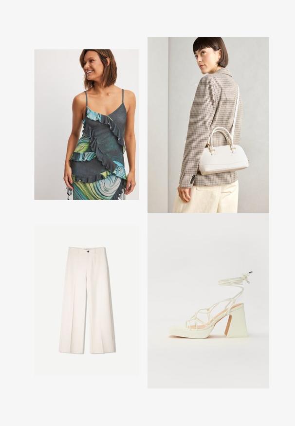 Sukienka bez rękawów z falbaniastym wzorem, o ciemnej bazie, z zielonymi i niebieskimi marmurowymi wzorami oraz miękką teksturą.; Kremowe spodnie szerokie z dopasowanym krojem, z dwoma przednimi kieszeniami i pojedynczym zapięciem na guzik z przodu, wykonane z gładkiego materiału.; Biała sandał na wysokim obcasie z masywnym słupkiem, z paskowym wzorem i wiązaniem przy kostce. Gładka faktura z platformą z przodu dla dodatkowej wysokości.; Biała torebka o strukturalnym kształcie z krótkimi uchwytami i paskiem na ramię, z złotymi akcentami i teksturowanym materiałem, prezentowana na szarym tle.