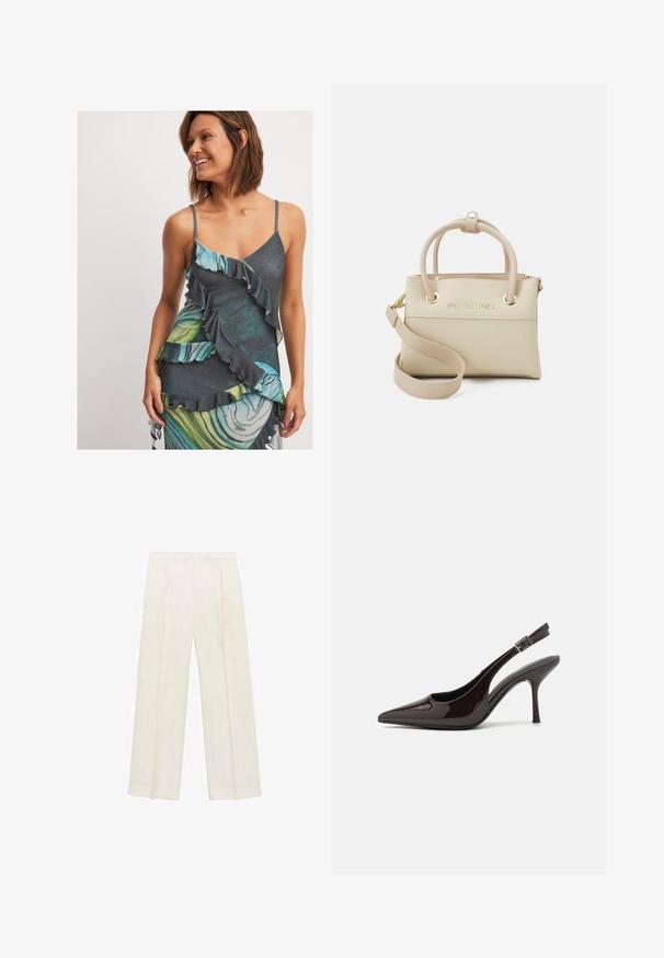 Ärm lös klänning med ett volangdesign, som har en mörk bas, gröna och blå marmormönster samt en mjuk textur.; Breda byxor i en ljus krämfärg. Tillverkade av ett mjukt tyg med veck fram och sidofickor.; Högklackad slingback-sko i blankt mörkbrunt lackläder, spetsig tå, öppna sidor och justerbart ankelsnöre.; Beige läderhandväska med topphandtag, justerbar axelrem, logodetalj och guldfärgad hårdvara. Slät textur och strukturerad form.
