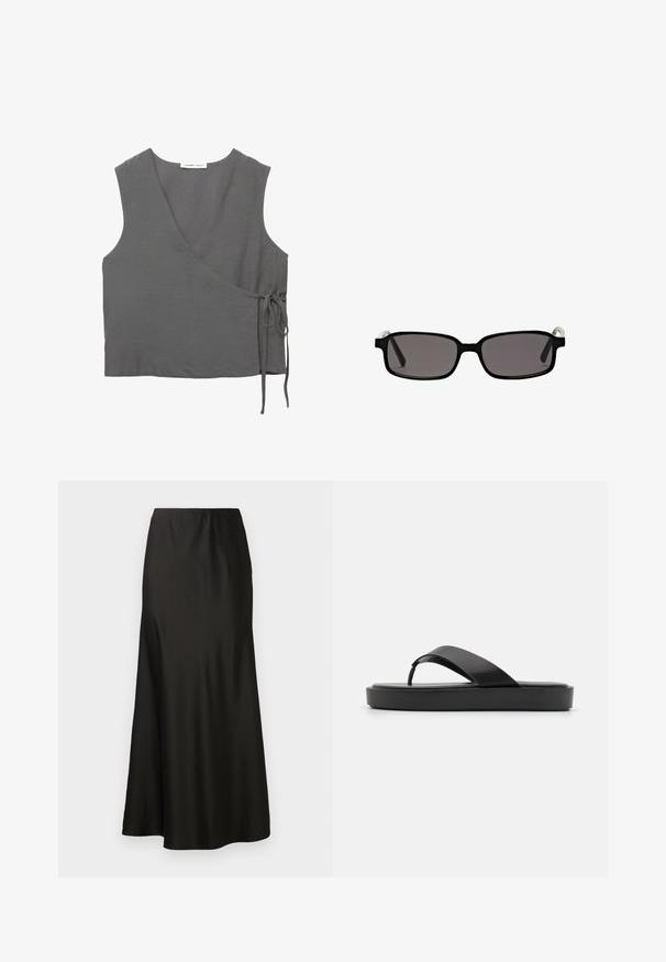 Grijze mouwloze wikkeltop van lichtgewicht stof, met een V-hals en een strikdetail aan de zijkant. Soepele textuur, eenvoudig ontwerp.; Zwarte satijnen maxi-rok met een gladde textuur, hoge taille en uitlopende onderkant. Heeft een eenvoudig ontwerp zonder zichtbare patronen of hardware.; Zwarte flip-flop sandalen met een soepele bovenband en een gestructureerde platformzool. Minimalistisch ontwerp met een laag profiel.; Zwarte rechthoekige zonnebril met grijze lenzen, kunststof montuur en metalen accenten op de pootjes. Soepele textuur en minimalistisch ontwerp.; Zwarte geweven tote bag met twee handvatten. Zachte textuur, slungelige vorm en een grote, ronde vorm. Geen zichtbare hardware of accenten.