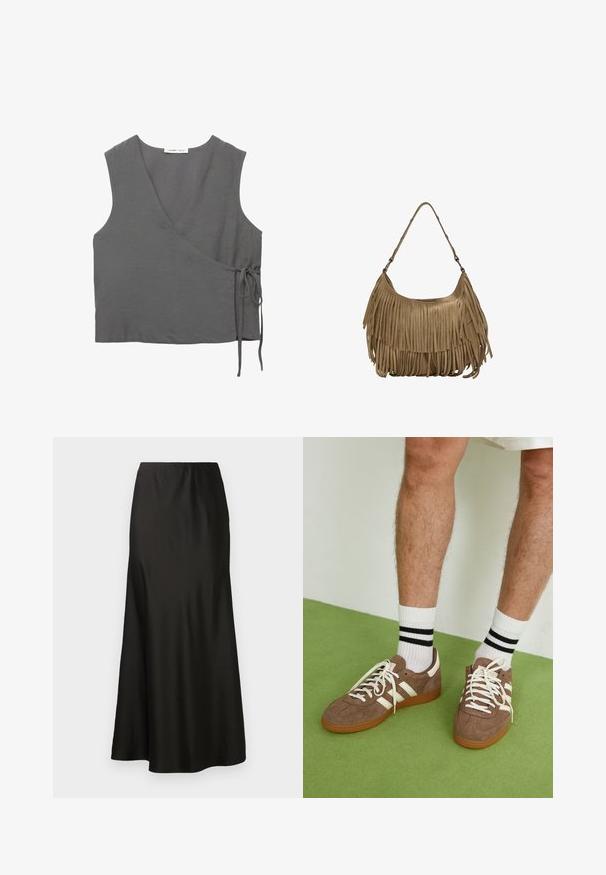 Szürke, ujjatlan, átkötős felső, könnyű anyagból készült, V-nyakú, oldalsó megkötő részlet jellemzi. Sima textura, egyszerű dizájn.; Fekete selyem maxi szoknya sima textúrával, magas derékkal és bővülő aljjal. Egyszerű dizájnnal rendelkezik, látható minták vagy fém részek nélkül.; Barna velúr sportcipő fehér díszítéssel és fűzővel. Gumi talp. Fehér zoknival viselve, fekete csíkokkal. Zöld, textúrázott padló.; Barna velúr kézitáska hosszú rojtos részletekkel, ívelt formával és egyetlen vállpánttal. Simító, texturált felülettel rendelkezik.