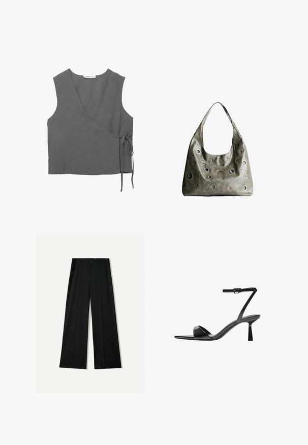 Top grigio senza maniche, realizzato in tessuto leggero, con scollo a V e un dettaglio a cravatta sul lato. Tessuto liscio, design semplice.; Bershka WIDE - Pantaloni - black; Bershka Sandali con tacco - black; Borsa a tracolla in pelle verde oliva con un design morbido, caratterizzata da tagli circolari di diverse dimensioni e dettagli in tonalità più scure e più chiare.