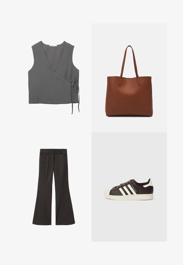 Grå ærmeløs indpakningstop lavet af letvægtsmateriale, med V-udskæring og et bindebånd i siden. Glat tekstur, enkelt design.; Sorte flagrende bukser med høj talje; har to forlommer og en glat stofstruktur. Egnet til forskellige anledninger.; Low-top Adidas Superstar-sneaker i mørkebrunt læder med cremefarvet skal-tå, hvide striber og teksten "Superstar" på siden.; Brun læder tote taske med en glat overflade, åben topdesign og to skulderremme. Har minimal syning og ingen synlig hardware.