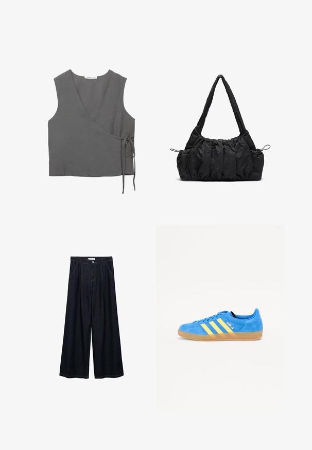 Gray sleeveless wrap top made from lightweight fabric, featuring a V-neck and a tie detail at the side. Smooth texture, simple design.; Dark denim wide-leg trousers with a high waist, featuring a front button closure, two side pockets, and stitching details.; Blue suede sneaker with yellow stripes, gum rubber sole, and "Gazelle" branding. Rounded toe and lace-up design.; Black fabric handbag with gathered texture, two shoulder straps, and drawstring closure on sides. Smooth, lightweight material.