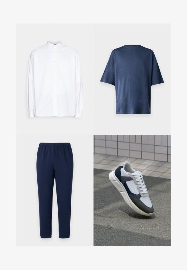 Camisa branca de botão, com colarinho, mangas longas e um único bolso no peito. Feita de algodão, apresenta uma textura suave e nítida.; T-shirt azul marinho de manga curta, feito de tecido suave, apresenta um colarinho redondo clássico e um corte descontraído, sem padrões ou realces visíveis.; Calças de moletom azul-marinho em uma mistura de algodão macio, com cintura elástica e pernas ajustadas, sem padrões ou detalhes visíveis.; Sapatilhas brancas, azuis-marinho e cinzas com um design de materiais mistos, apresentando uma parte superior texturizada, atacadores planos e uma sola acolchoada.