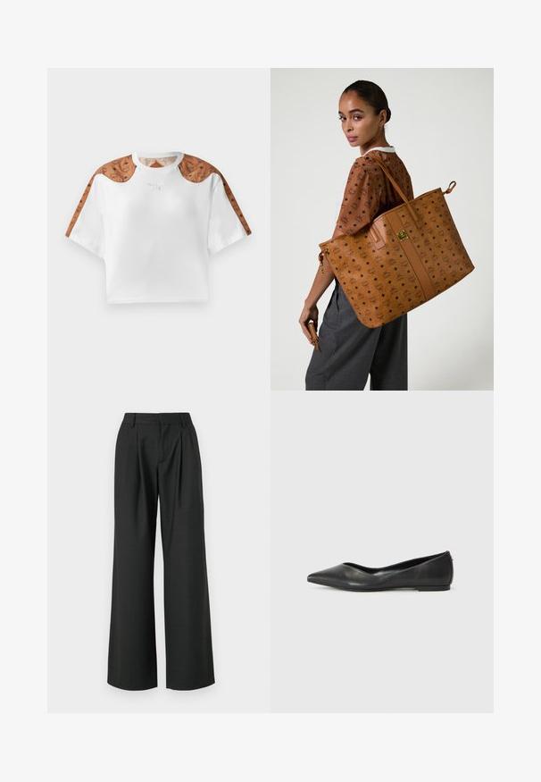 Besluttet hvid t-shirt med korte ærmer, der har brune mønstrede detaljer på skuldrene og et lille sølvlogo på forsiden.; Won Hundred CAMILLE TROUSERS - Bukser - licorice; Sorte læder balletlejersko med spids tå, lav hæl og glat overflade. Minimalistisk design med en diskret sideaccent.; Stor tan tote bag med et præget mønster, som har en glat tekstur, flade stropper og et hardware-accent i guld tono.