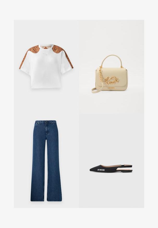 Geknipte witte t-shirt met korte mouwen, voorzien van bruine patronen op de schouders en een klein zilveren logo aan de voorkant.; Blauwe denim flared jeans met een hoge taille, vijf-pocket ontwerp en metalen knoopsluiting. Gladde textuur, casual stijl en minimale stiksels.; Zwarte slingback ballerina's met spitse neuzen, gemaakt van glad materiaal. Kenmerkt zich door de witte "LOVE MOSCHINO" branding en een minimalistisch ontwerp.; Beige neplederen handtas met een bovenhandvat en kettingband. Beschikt over een gouden "love" logo en metallic accenten. Gladde textuur en rechthoekige vorm.