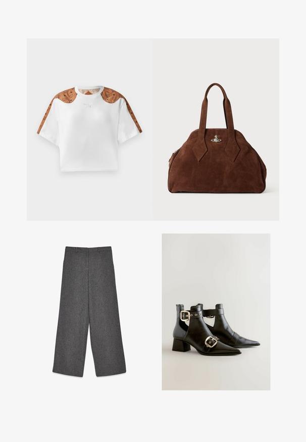 Trumpa balta marškinėliai su trumpomis rankovėmis, kuriuose yra rudos raštuotos detalės ant pečių ir mažas sidabrinis logotipas priekyje.; Pilki plačios kojos kelnių iš tekstūruoto audinio, su subtiliu raštu. Su juosmeniu su diržo kilpomis ir tvarkingai supjaustytais kraštais.; Juodos odinės aulinukės iki kulkšnių, su smailiais pirštais, reguliuojamais sagtelėmis ir blokiniu kulnu, lygia tekstūra ir minimalistiniu dizainu.; Ruda zomšo rankinė su struktūrine forma, apvaliu kūnu ir pailgom rombo formos rankenom. Yra sidabro spalvos uždarymo mechanizmas.