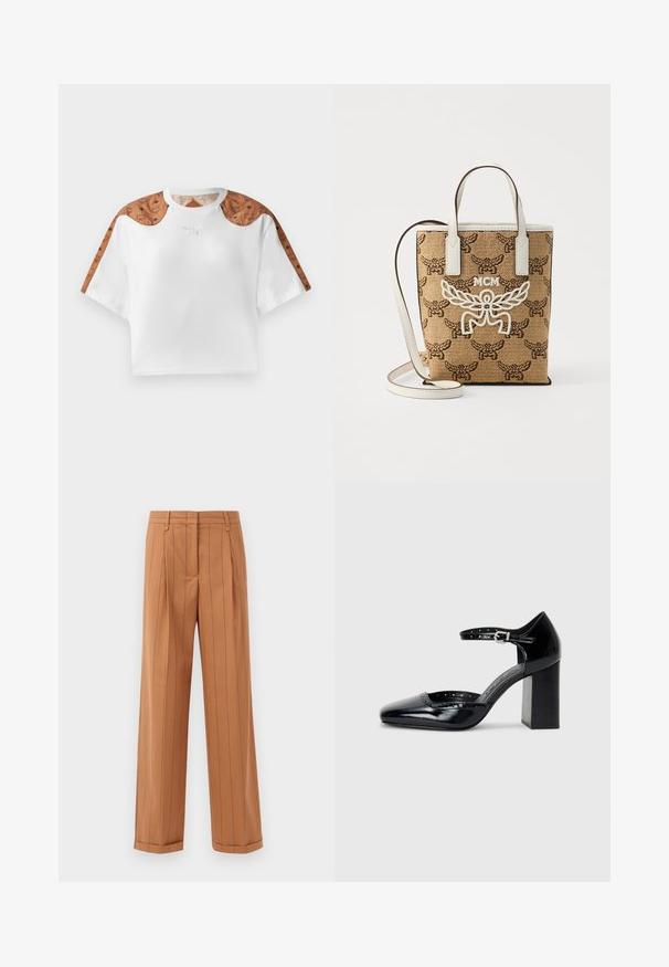 Trumpa balta marškinėliai su trumpomis rankovėmis, kuriuose yra rudos raštuotos detalės ant pečių ir mažas sidabrinis logotipas priekyje.; Rudos dryžuoti kelnių su pritaikyta forma, pasižyminčios raukšlėmis, tiesiu kirpimu ir apdirbtu kraštu. Pagaminti iš lygios medžiagos.; Juodos lakuotos aukštakulnės bateliai su kvadratine nosimi, kulkšnies dirželiu ir masyviu kulnu. Apima perforuotus detalizavimus aplink kraštą.; Ruda pynėta rankinė su detaliu raštu; balti odiniai akcentai; MCM logotipas baltu spalva; trumpi rankenėlės ir nuimamas peties diržas.