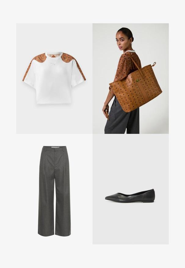 Geknipte witte t-shirt met korte mouwen, voorzien van bruine patronen op de schouders en een klein zilveren logo aan de voorkant.; Grijze wijde broek van textuurstof, met een hoge taille en verticale plooien, zonder zichtbare zakken of hardware details.; Zwarte leren ballerina met een spitse neus, lage hak en een gladde structuur. Minimalistisch ontwerp met een subtiele zijaccent.; Grote beige totebag met een reliëfpatroon, met een gladde textuur, platte handvatten en een gouden hardware accent.