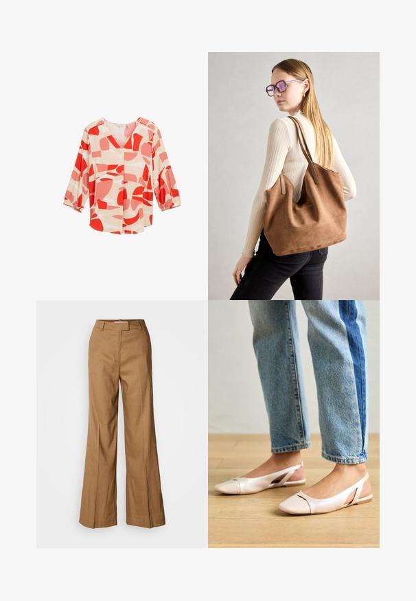 Sarkans un persiku krāsas abstrakts raksts, ar V veida kakla izgriezumu, trīs ceturtdaļu piedurknēm un pogu detaļām, izgatavots no viegla auduma.; Brūnas platās bikses, kas izgatavotas no viegla auduma. Ievērojama plakanā priekšpuse, jostas cilpas un piegriezums ar potītes garumu.; Bālti rozā siksniņu dzīvokļi ar smailu purngalu, izgatavoti no gludas ādas līdzīgās materiāla. Iezīmē izgriezumu detaļas sānos un platu papēdi.; Burgundijas zamšs tote soma ar mīkstu tekstūru, plašu atveri un garām siksnām. Iezīmē vienkāršu dizainu ar redzamām šuvēm un bez aparatūras.