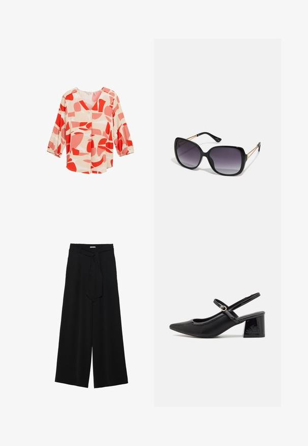 Blusa con motivo astratto in rosso e pesca, con scollatura a V, maniche a tre quarti e dettaglio dei bottoni, realizzata in tessuto leggero.; Pantaloni neri a gamba larga caratterizzati da un tessuto testurizzato, una vita elastica e una cintura staccabile per una vestibilità regolabile.; Décolleté in vernice nera con cinturino dietro, punta affusolata, design con ritagli arrotondati e tacco a blocco. Presenta un accento di fibbia tono oro.; Occhiali da sole neri oversize con lenti sfumate, montatura spessa e dettagli in catena dorata sulle astine.; Borsa a tracolla nera in materiale sintetico, con un design rettangolare semplice, dettagli quadri dorati e doppi manici.