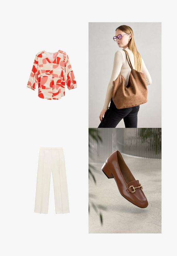 Bluzica s apstraktnim uzorkom u crvenoj i breskvastoj boji, s V-izrezom, rukavima do tri četvrtine i detaljima s gumbima, napravljena od lagane tkanine.; Hlače širokog kroja u svijetloj krem boji. Izrađene su od glatkog materijala s plisama sprijeda i bočnim džepovima.; Smeđi lakirani loafer s kvadratnim vrhom, metalnim lancem kao naglaskom i niskom blok petom; glatka tekstura, minimalistički dizajn.; Smeđa suede torba sa mekom teksturom, širokim otvorom i dugim trakama. Ima jednostavan dizajn s vidljivim šavovima i bez hardvera.