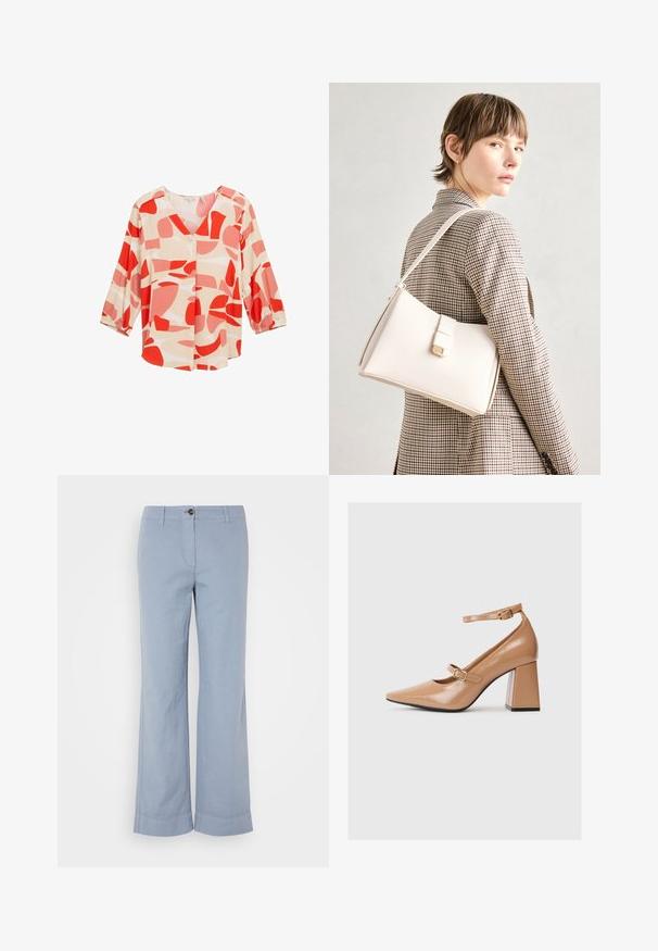 Punane ja virsiku tooni abstraktse mustriga pluus V-kaelusega, kolmeveerandi varrukatega ja nööpide detailiga, valminud kerge materjaliga.; Heledad sinine linane püksid, sirge säärega, nööbiga kinni, ja üles keeratud äärtega. Sile tekstuur, mõeldud igapäevaseks kandmiseks.; Beež patendi nahast kõrged kontsad terava nina, pahkluu rihmaga ja paksu ruudukujulise kontsaga. Sile tekstuur ja läikiv viimistlus.; Valge nahast käekott struktureeritud disainiga, millel on magnetlukk ja õlavarre rihm, esitletud neutraalse tausta ees.