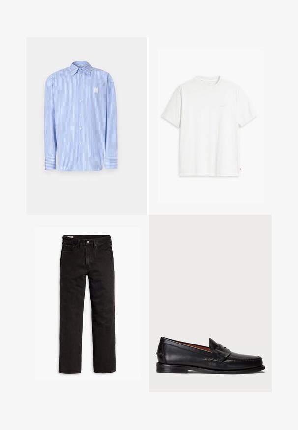 Απαλή μπλε ριγέ μπλούζα φτιαγμένη από βαμβάκι, με γωνιαστό γιακά, μπροστινό κούμπωμα με κουμπιά και εμπνευσμένο λογότυπο 'N'. Μακρυά μανίκια με μανσέτες.; Λευκό βαμβακερό μπλουζάκι με κοντά μανίκια, απλό λαιμόκοψη και διακριτό λογότυπο της Levi's τυπωμένο στο κέντρο. Μαλακή υφή και κανονική εφαρμογή.; Μαύρα τζιν παντελόνια σε ευθεία γραμμή με πέντε τσέπες, κουμπί κλεισίματος και θηλιές ζώνης, απλωμένα σε λευκό φόντο.; Μαύρο δερμάτινο μοκασίνι με στρογγυλή μύτη, ραφές και διακοσμητική λωρίδα μπροστά. Λείος πάτος με ελάχιστο προφίλ.