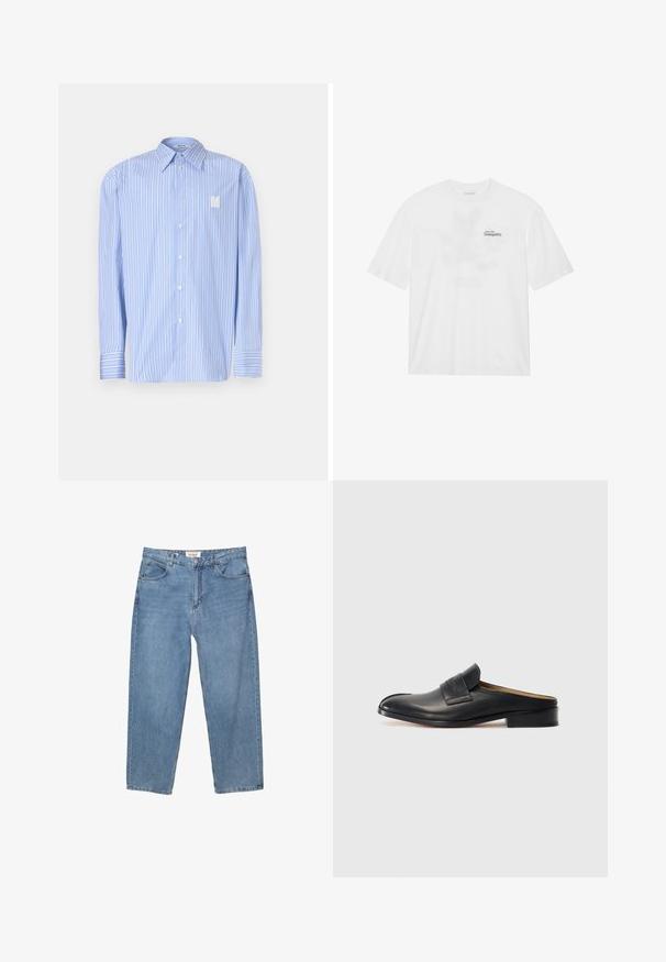 Vaaleansiniset raidalliset puuvillapaidat, joissa on kärjellinen kaulus, edessä nappisulku ja brodeerattu 'N' -logo. Pitkät hihat, joissa on hihansuut.; Valkoinen puuvillainen t-paita lyhyillä hihoilla, jossa on edessä painatus "Liidä rauhallisuuteen" mustalla ja vihreällä.; Vaaleansiniset farkut suoranlahkeisella leikkauksella, viiden taskun suunnittelulla ja näkyvällä merkkilapulla vyötäröllä.; Musta nahkainen slip-on-kengät, joissa on pyöristetty kärki, matala korko ja etuolka. Suora pinta, jossa on hienovarainen logoyksityiskohta hihnassa.