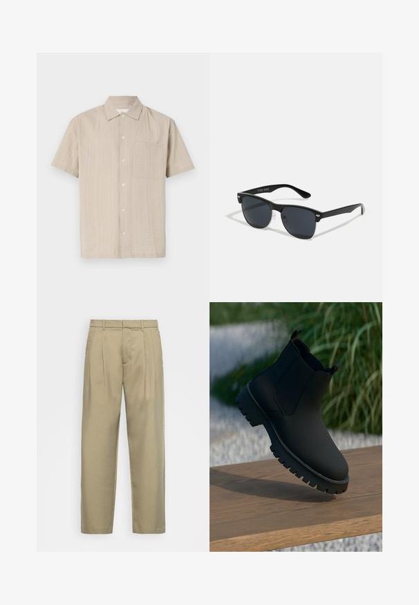 Cămașă cu mânecă scurtă din țesătură bej deschis, cu un model texturat, închidere cu buton și buzunar aplicat pe pieptul stâng. Design clasic al gulerului.; Pantaloni bej, cu talie înaltă, cu croială dreaptă, având un front neted, buzunare laterale și un material neted, texturat.; Botine negre cu un finisaj neted, panouri laterale elastice și o talpă groasă, robustă. Așezate pe un fundal natural, pe o suprafață din lemn.; Ochelari de soare negri cu o formă rectangulară, lentile întunecate, accente argintii la tâmple și un finisaj mat pe cadru.