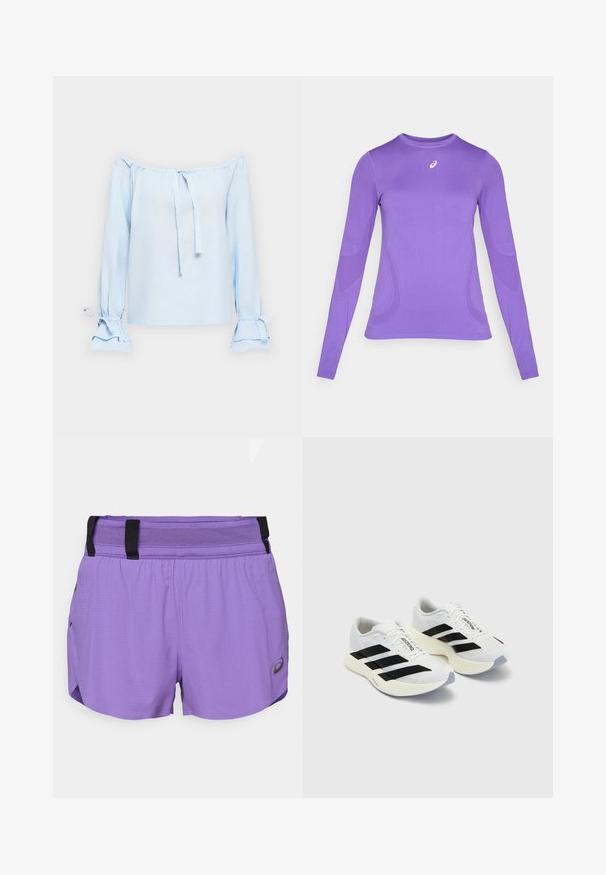 Haut bleu clair, décolleté épaules nues en tissu doux. Comprend des liens au niveau du col et des manches évasées avec des détails froncés au niveau des poignets.; Haut de sport à manches longues en tissu violet clair, présentant un design ajusté, un col rond et une texture subtile avec un détail de logo sur la poitrine.; ASICS METARUN SPLIT SHORT - Short de sport - edo purple; Baskets de sport blanches avec des rayures noires et un logo, dotées d'une tige en mesh, d'un bout arrondi et d'une semelle épaisse crème pour un meilleur amorti.