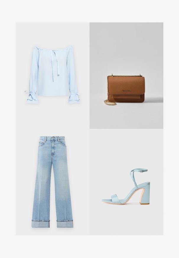 Šviesiai mėlynas, petį atidengiantis viršus, pagamintas iš minkštos medžiagos. Yra raišteliai prie kaklo ir varpo formos rankovės su susiraukšlėtu detalizavimu ant riešo.; Šviesiai mėlyni plataus kirpimo džinsai, pagaminti iš džinsinio audinio, turi aukštą liemenį, sukurtus pasukite kraštus ir klasiką penkių kišenių dizainą. Švarus apdaila su minimaliais nusidėvėjimais.; Šviesiai mėlynos satino aukštakulnės šlepetės su kvadratiniu pirštu, kulkšnies dirželiu ir storu blokuotu kulnu. Lygus paviršius ir minimalistiškas dizainas.; Ruda tekstūruota odinė per petį nešama rankinė su auksiniu grandininiu dirželiu ir užlenkiamo užsegimo. Priekinėje pusėje yra logotipo detalė ir kišenė po užlenkimu.