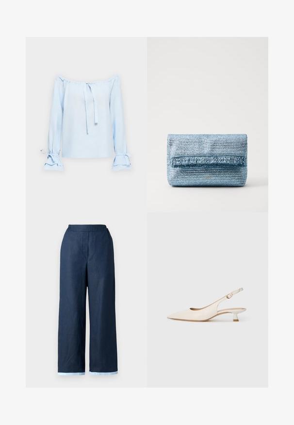 Light blue, off-the-shoulder top in a soft fabric. Features ties at the neckline and bell sleeves with gathered detailing at the cuffs.; Navy wide-leg trousers made of linen, featuring an elastic waistband and contrasting light blue trim at the hem. Smooth texture.; Cream-colored pointed-toe slingback shoe with low kitten heel and gold buckle on plain white background.; Light blue woven clutch bag with a textured finish and a fringe detail on the front. Features a sleek rectangular shape and subtle branding.