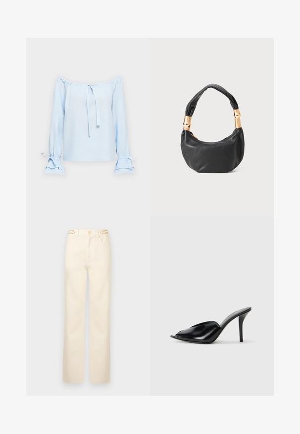 Top azul claro, fuera de los hombros, en un tejido suave. Presenta lazos en el escote y mangas de campana con detalles fruncidos en los puños.; Rabanne Vaqueros rectos - off white denim; Zuecos de tacón alto de cuero negro con punta abierta, diseño puntiagudo, textura suave y un delgado tacón de aguja.; Bolso de mano de cuero negro con forma redonda, textura suave y un asa anudada que cuenta con acentos de hardware en tono dorado. Cierre con cremallera.
