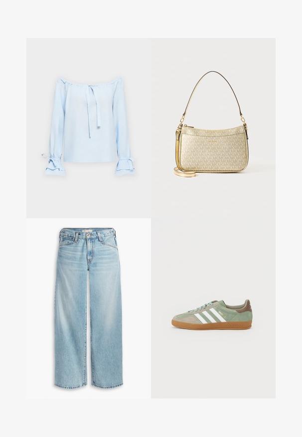 Svetlo modra bluzica brez naramnic iz mehke tkanine. Ima vezalke pri vratu in zvonaste rokave z nabranimi detajli na manšetah.; Svijetloplave široke traperice od denima, s visokim strukom, dugmadi i poderanim rubovima. Vidljive šavove i džepove.; Zeleni semiš športni copat s tremi belimi črtami, gumijastim podplatom in zlatim napisom "Gazelle" ob strani. Teksturne panele in vezalke.; Rožnata torbica z zlatim teksturiranim površjem in gladkim usnjenim ročajem, ki ima zadrgo in subtilen vzorec logotipa natisnjen na površini.
