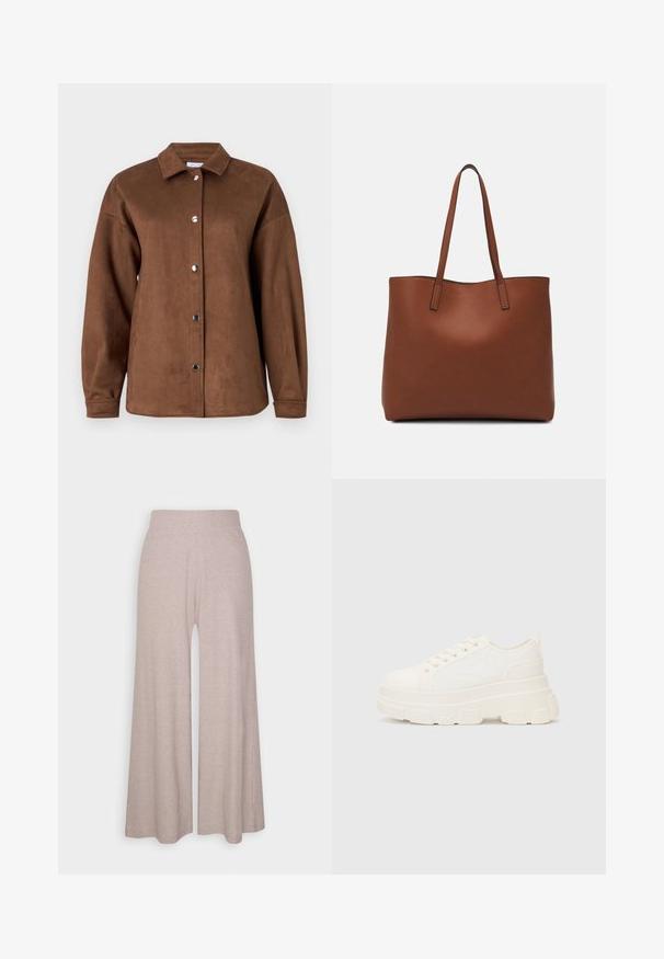 Ruda dirbtinė zomšinė marškinėlių striukė su apykakle, ilgomis rankovėmis ir spaudėmis. Lygus paviršius ir laisvas siluetas.; Šviesiai pilki plačios kojų kelniai, pagaminti iš minkštos, ruoželinės medžiagos, su aukštu liemeniu ir pilno ilgio kojomis, švelnia tekstūra.; Balti drobės sportbačiai su storu padu, apvalia nosimi ir penkiomis akytėmis raištams. Gale yra kilputė, kad būtų lengva užsidėti. Sklandus paviršius, minimalistinis dizainas.; Ruda odinė priekabų krepšys su glotnia tekstūra, atviru viršumi ir dviem petnešomis. Su minimalia siuvimo detalėmis ir nematoma aparatūra.