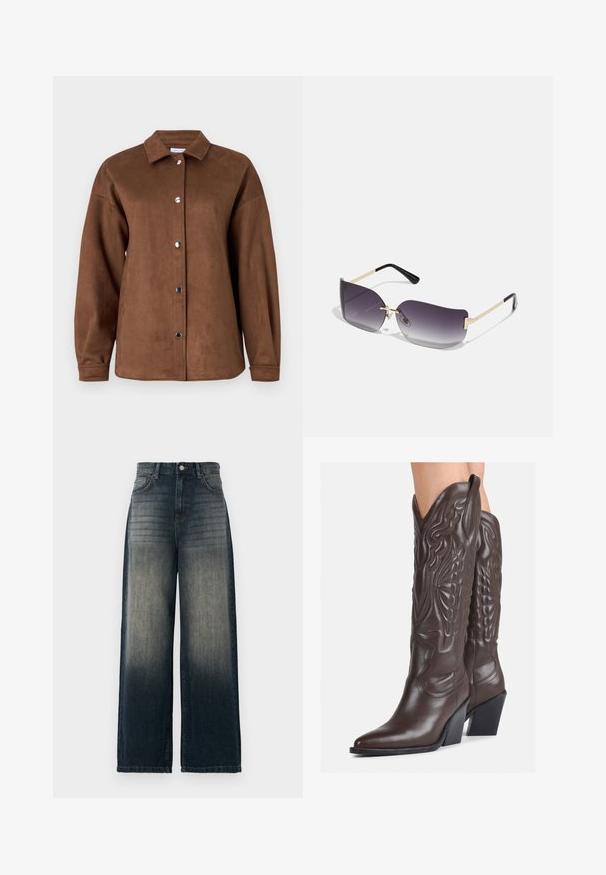 Rjava jakna iz umetnega semiša z ovratnikom, dolgimi rokavi in pritisnimi gumbi. Gladka tekstura in ohlapen kroj.; Široke kavbojke v temnem džinsu, z izginjajočim prehodom od temne do svetle, s petimi žepi in kontrastnim šivanjem.; Rjave usnjene kavbojske čevlje z ostrim nosom in blok peto, ki vsebujejo podrobno šivanje in dvignjene dodatke na zgornjem delu.; Sončne očala s sivo naravnanimi lečami, zlatim kovinskim okvirjem in črnimi plastičnimi detajli. Edinstvene leče v obliki metulja z tankimi ročaji.