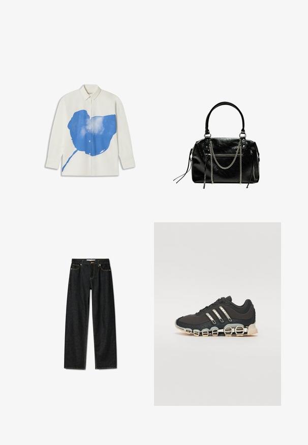 Thinking Mu JUANA - Overhemdblouse - white; Donkerdenim jeans met een rechte snit, messing knoopsluiting en contrasterende gele stiksels. Beschikt over vijf zakken en een klassieke pasvorm.; Zwarte sportschoen met een gestructureerde bovenkant, drie zilveren strepen en een kenmerkende dempingszool met meerdere geïntegreerde secties.; Bershka WITH CHAIN - Handtas - black