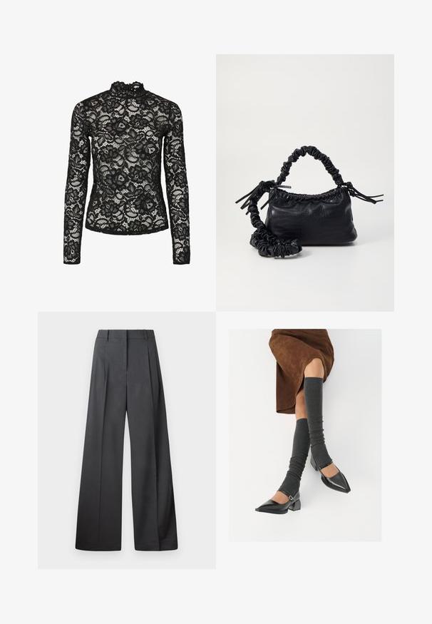 Melnas mežģīnes blūze ar garām piedurknēm, augsto apkakli ar volānu apdari, ziedu rakstiem un caurspīdīgu tekstūru. Veidota, lai iegūtu pieguļošu siluetu.; Platās kājas bikses tumši pelēkā audumā, ar augstu jostasvietu, ar vienu uzpūstu vīli un gludu tekstūru ar tīru apdari ap malām.; Melnas laka ādas apavi ar norādītu purngalu, blokveida papēdi un potīšu jostu, saskaņoti ar pelēkām ribotām kāju sildītājām un brūnu zamšādas svārku.; Melnā mākslīgās ādas rokassoma ar krokodila rakstu, savilkta augšdaļa un saburzīta siksna. Izskatās mīksta un kompakta pēc dizaina.