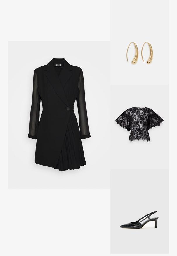 Must mustriga top lühikeste, laienevate varrukatega, ümmarguse dekoltee ja kumerate äärtega. Läbipaistev kangas paljastab keerukaid lillemustreid.; Mustvalge kleit, millel on ülikonnast inspireeritud ülaosa, läbipaistvad pikad varrukad, ühe nööbiga kinnitus ja volditud seeliku detail.; Mustmust paelad, millel on terav varvas, tekstuuriga maduprindiga, reguleeritav rihm ja lühike tekstuuriga plokknina.; Must küllastamata nahast õlakott, millel on kaks esist nähtavat taskut, kuldsed pandlad, tõmblukuga sulgemine ja peen rihm. Tekstuuriga pind ja kompaktne ristkülikukujuline kuju.; Kuldtoonilised metallist rõngas kõrvarõngad, millel on kõver ja piklik kuju. Omavad siledat, läikivat pinda ja ümarat tipptugevdust, mis lisab detaili.