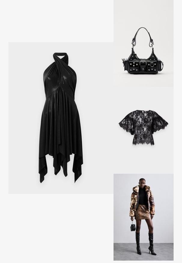 Black lace top featuring short, flared sleeves, a round neckline, and a scalloped hem. Transparent fabric reveals intricate floral patterns.; Black halter dress with a draped design. Made of shiny material, featuring a twisted neckline and asymmetrical hem. Smooth texture.; Puffer jacket with a brown and black pattern, paired with a brown snake print mini skirt, black knee-high boots, and a small black bag.; Black leather handbag with a curved design, featuring silver studs, a buckle, and two side pockets. Adjustable strap for carrying options.