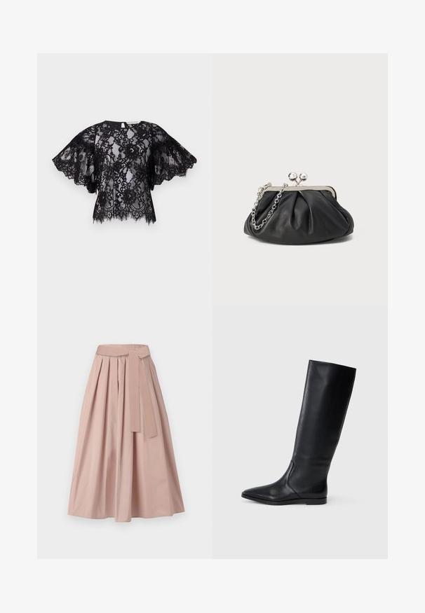 Top negro de encaje con mangas cortas y acampanadas, un escote redondo y un dobladillo festoneado. La tela transparente revela intrincados patrones florales.; Falda midi rosa hecha de tejido estructurado, con pliegues, un cinturón atado en la cintura y una silueta en A. Textura suave sin patrones visibles.; Bota alta de cuero negro con punta afilada y diseño minimalista. Textura suave y suela plana, con discretos detalles de costura lateral.; Clutch de cuero negro con textura arrugada, marco de metal en tono plateado, cierre de beso y cadena para colgar. Superficie suave y lisa.